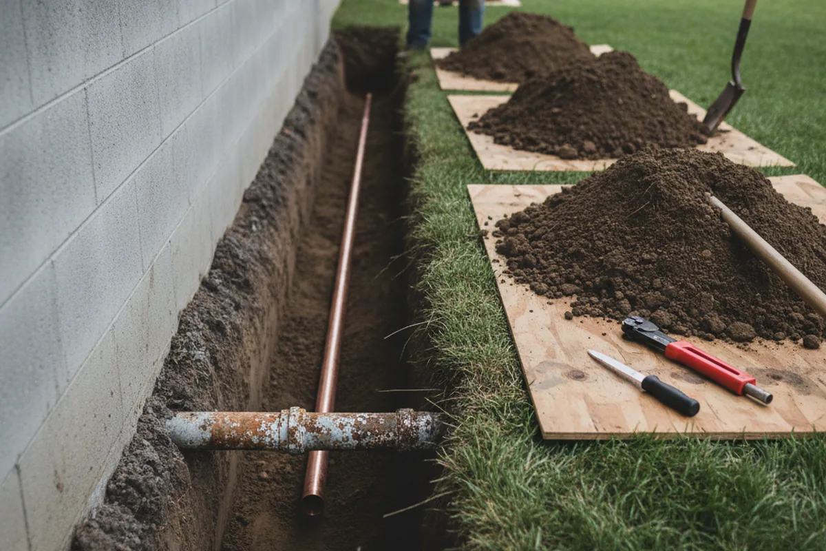 Excavated water line trench during Water Heater Repair in Ashland